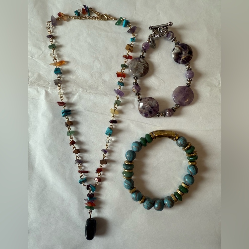 Boho Stone Jewelry Bundle Necklace & Bracelets Multicolor Gemstone Look